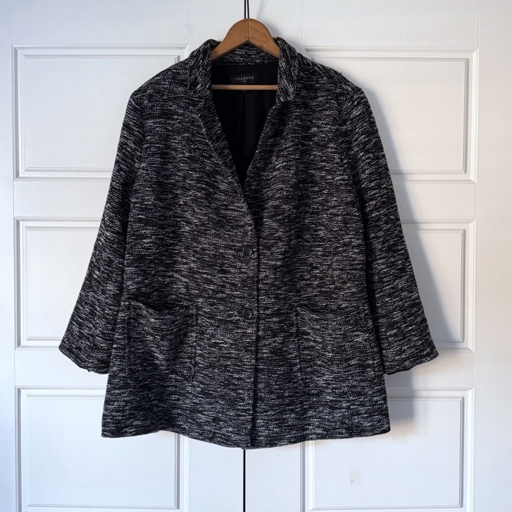 Talbots Boucle Tweed Blazer Jacket Women 16W Black White Marled Business Classic